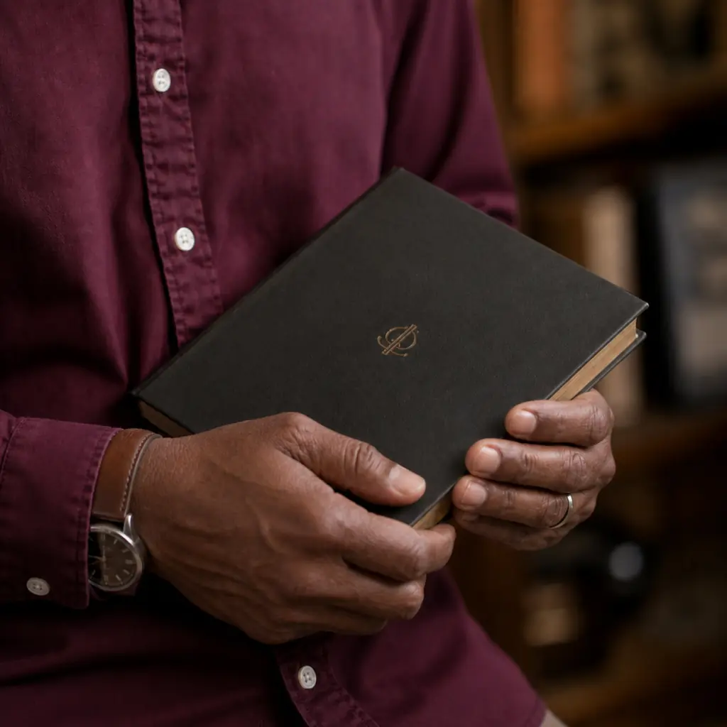 the codex — a dark book held in two hands